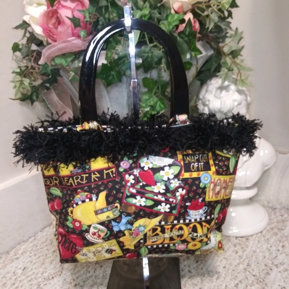 Vintage Mary Engelbreit Motto Design Black/Multi Fringe Trimmed Fabric Purse - Picture 6 of 8